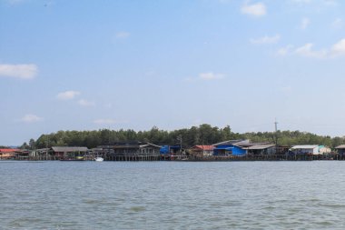 Yeşil mangrov ekosistem orman manzarasının yakınında bir balık köyü yaşıyor. Chantaburi, Tayland 'da. Turistler gelip dinlensin..