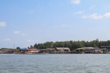 Yeşil mangrov ekosistem orman manzarasının yakınında bir balık köyü yaşıyor. Chantaburi, Tayland 'da. Turistler gelip dinlensin..