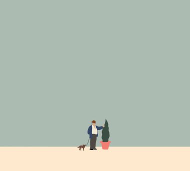 Köpeğiyle sokakta durmuş yeşil bitkiye bakan şapkalı yaşlı bir adam. Sağlıklı yaşam tarzı Büyükbaba huzur içinde yürüyüş parkından hoşlanıyor. Aktif, kıdemli adam