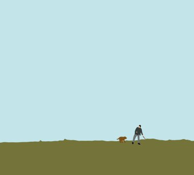 Tatilde parka köpeğine sopa atan bir adam. Dog 'la oynamak ve antrenman yapmak. İnsan ve hayvan arasında neşeli bir an