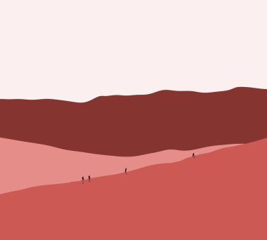 Pembe dağlarda sırt çantalı bir grup turist yürüyüş yapıyor. Doğayı keşfetmek, keşfetmek ve gözlemlemek. Spor ve aktif yaşam konsepti. Asgari sanat tasarımı.