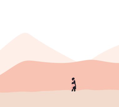 Pembe atkısı olan siyah elbiseli bir kadın dağ manzarasında yürüyor. Kış mevsimi. Asgari doğa sanat tasarımı.