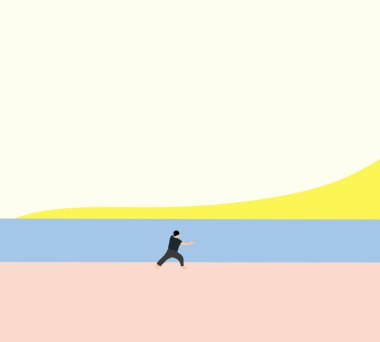 Adam plajda Tai Chi çalışıyor. Sabah egzersiz esnekliği, güç ve denge. Açık hava aktiviteleri doğa görünümü