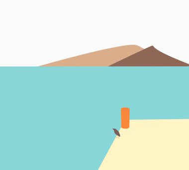 Beton iskelede duran kara kuş göle ve dağ manzarasına bakıyor. Doğadaki hayvanlar. Asgari sanat tasarımı.