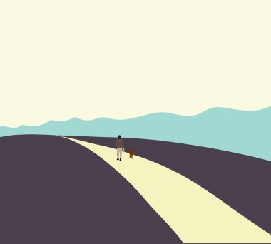 Dağda yürüyüş yaparken yolda köpekle yürüyen bir adam. Gezgin macerası. Doğadaki insan ve evcil hayvan.