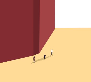 İnsanlar binanın köşesinde yürüyorlar. Sokak yaşam tarzı. Minimum mimari dış bina.