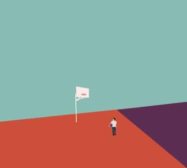 Sokak sahasında basketbol oynayan bir adam. Spor aktivitesi ve basketbol sahası. konsept. Asgari sanat tasarımı.