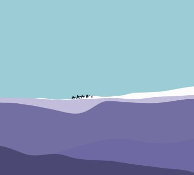 Mor kum tepeciğindeki Siluetler Camel Caravan. Seyahat turizmi arka plan safari macerası. Modern asgari sanat