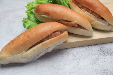 Banh Mi Vietnamlı sandviçi, ızgara domuz eti ve taze sebze. Sokak yemeği. Taze pişmiş baget.