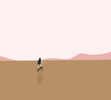 Çölde manzaralı dağ manzaralı BMX kullanan bir adam. Modern şehir bisiklet sporu. Asgari sanat tasarımı.