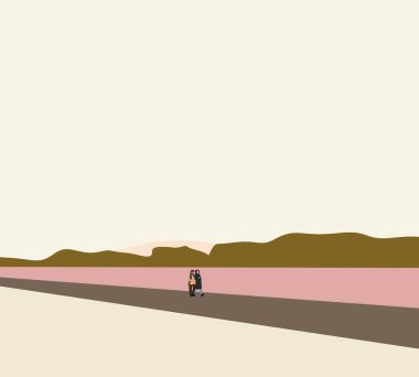 Pembe nehir kıyısında dağ manzaralı, kışlık bez giyen çift. Asgari tasarım sanatı.