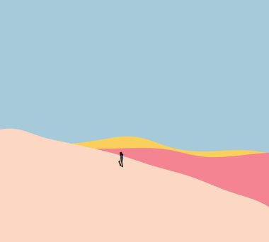 Pembe dağda yürüyüş yapan bir adam. Açık havada aktif tatiller, spor ve ilham verici. Modern minimal sanat tasarımı.