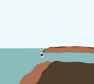 Uçurumdan denize atlayan bir adam. Doğada tatil seyahatinde aşırı hareketlilik..