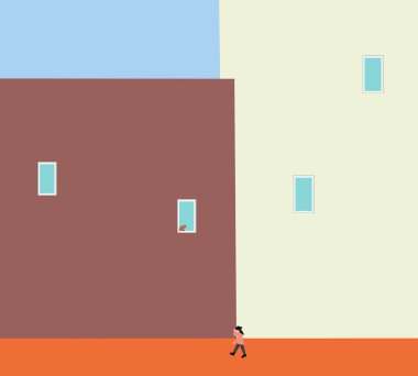 Pembe tişörtlü bir kız bina penceresinde kedisiyle sokakta yürüyor. Açık hava mimarisi. Modern şehir.