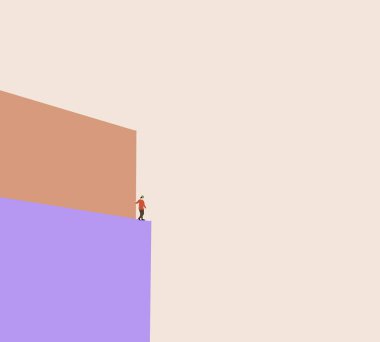 Çatıdaki mor binanın köşesinde duran adam. Derin bir nefes al ve işten sonra rahatla. Modern Şehir silüeti.