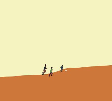 Kum tepeciğinde futbol oynayan çocuklar. Tatilde açık hava aktivitesi. En düşük tasarım.