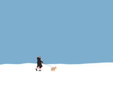 Kar parkında köpekle yürüyüşe çıkan ceketli bir adam. Evcil hayvan dostu. Tatilin tadını çıkarıyorum..