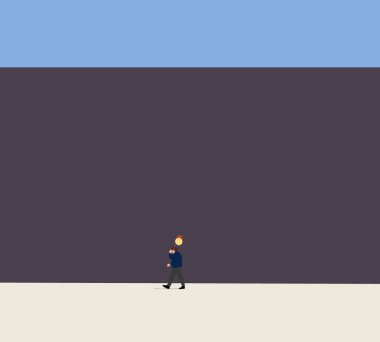 Elinde renkli bir balon tutan adam şehir caddesinde yürüyor. Modern şehir yaşam tarzı. Asgari sanat tasarımı.