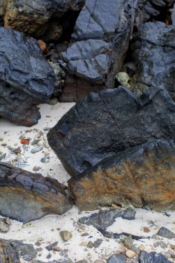 Sahilde kaya ya da taş gibi sert bir yüzey. Doğa manzarası. Yaz seyahati.