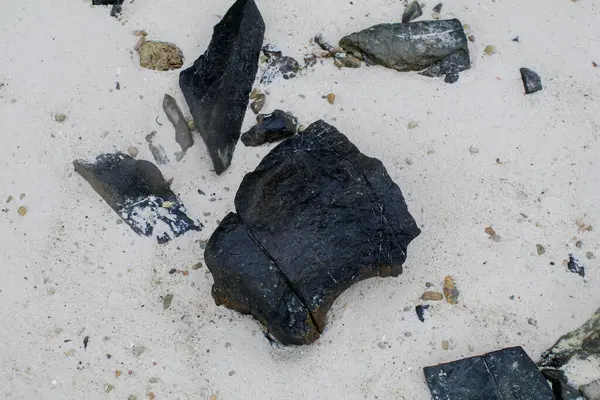 Sahilde kaya ya da taş gibi sert bir yüzey. Doğa manzarası. Yaz seyahati.