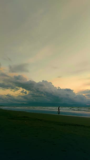 Silhouette Una Persona Sola Che Cammina Sulla Spiaggia Con Drammatiche — Video Stock