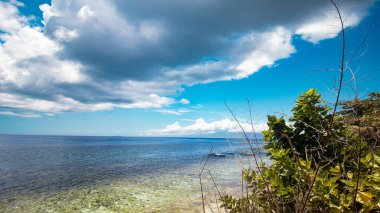 Sakin tropikal kıyı şeridinin üzerindeki açık mavi gökyüzü