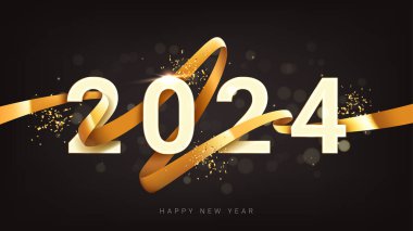2024 Mutlu Yıllar bayrağı. 3D altın kurdeleli 2024 numara ve siyah arka planda konfeti. Yılbaşı etkinlikleri, afişler, posterler ve el ilanları için vektör ilüstrasyonu.