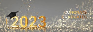 Mezuniyet töreni için afiş. Mezuniyet şapkalı altın numaralar ve arka planda efektli konfeti. Tebrikler 2023 mezunları. Diploma töreni tasarımı için vektör illüstrasyonu.
