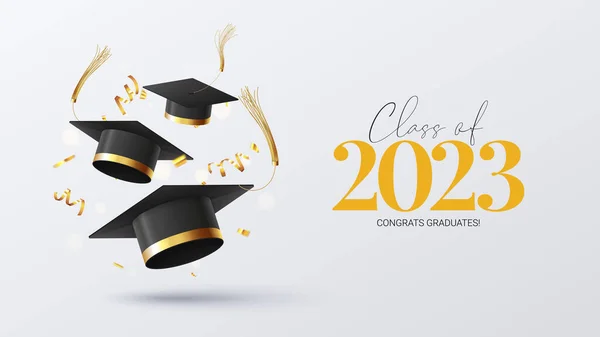 卒業2023の設計のためのバナー 卒業キャップ 黄金のコンフェッティと蛇紋岩 2023年卒業生 ソーシャルメディアにおける学位授与式の装飾のためのベクターイラスト — ストックベクタ