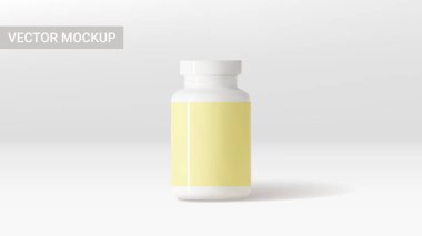 Template of white bottle with pills. 3d vector illustration with plastic bottle for presentation of pills, vitamins,  capsules or dietary supplement. Mockup of 3d jar with blank labels.