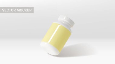Vector mockup of white bottle with pills. 3d vector illustration with plastic bottle for presentation of pills, vitamins,  capsules or dietary supplement. Template of 3d jar with blank labels.