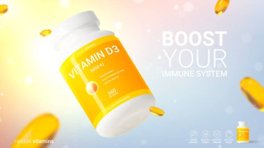 Vector ad banner of vitamin d3. 3d vector illustration of dietary supplement. Ad banner with realistic bottle and softgels for promotion of vitamin d3. Concept of healthy immune system.
