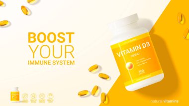 Minimalistic ad banner of vitamin d3. 3d vector illustration of dietary supplement. Top view on realistic bottle and softgels for promotion of vitamin d3. Concept of healthy immune system.