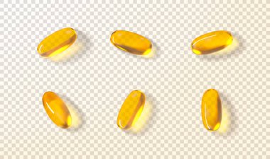 Altın yağ kapsülleri seti. Balık yağı, omega 3 veya E vitamini içeren gerçekçi softgeller içeren vektör çizimi, A. Damalı arka planda izole edilmiş altın şeffaf kapsüller. Beslenme takviyesi.