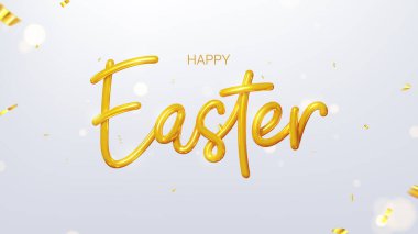 Easter greeting card template. Vector holiday illustration with realistic golden 3d lettering and falling confetti. Realistic 3d golden symbol of Easter. Happy Easter.