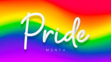 Vector banner for LGBTQ Pride Month. 3d white lettering isolated on on blurred rainbow background. Symbol of Pride Month or LGBT event. Human rights or diversity concept. Vector illustration. 