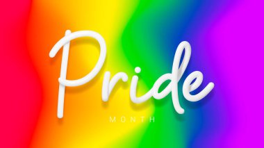 Banner for LGBTQ Pride Month. 3d white lettering isolated on on blurred rainbow background. Symbol of Pride Month or LGBT event. Human rights or diversity concept. Vector illustration. 