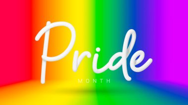 LGBTQ Pride Month banner. 3d white lettering isolated on colorful rainbow background. Symbol of Pride Month or LGBT event. Human rights or diversity concept. Vector illustration. 
