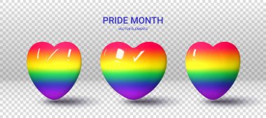 Set of 3d rainbow hearts. 3d rainbow hearts in different positions isolated on checkered background. 3d elements for decoration of LGBTQ events. Vector illustration with symbols of Pride Month.