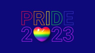 2023 Onur Ayı için bayram afişi. LGBTQ etkinliklerinin tasarımı için karanlık arka planda izole edilmiş 3d gökkuşağı kalbi ile Gurur Ayı 2023. İnsan hakları ve hoşgörü kavramı. Vektör illüstrasyonu.