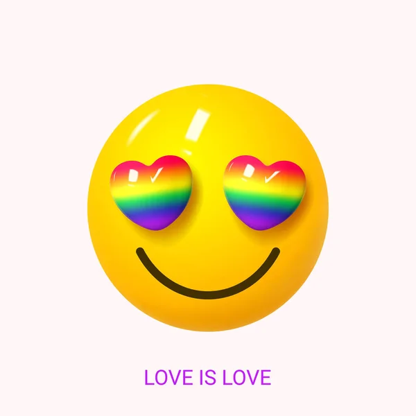 骄傲月的贺卡 在Lgbtq活动的设计中 带着3D笑容的 骄傲月旗 用彩虹心来代替眼睛 人权与容忍概念 矢量说明 — 图库矢量图片