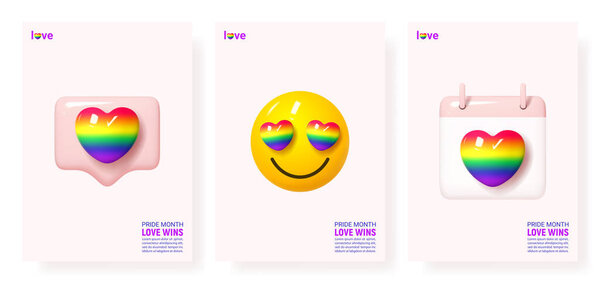 Set of posters for Pride Month. Minimal design posters with 3d rainbow colored symbols for Pride Month celebration. Human rights and tolerance concept. Vector illustration for LGBTQ events.