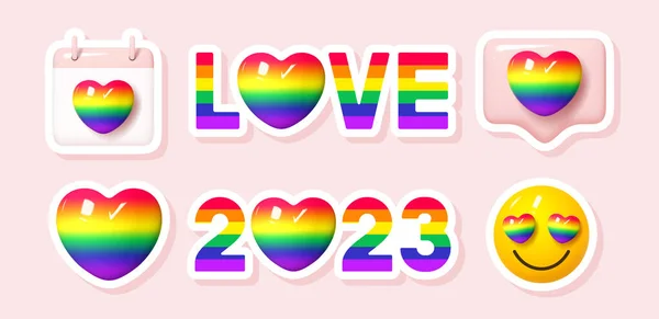 stock vector Set of sticker for Pride Month 2023. 3d rainbow colored symbols for Pride Month celebration. Human rights and tolerance concept. Vector illustration for LGBTQ events. 