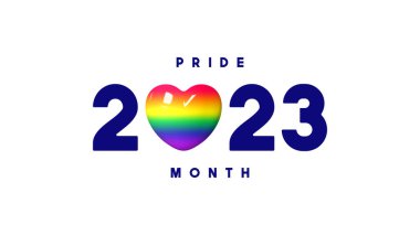 Vector logo for Pride Month 2023. Vector symbol of LGBTQ event 2023 with rainbow heart isolated on white background. Human rights and tolerance concept.