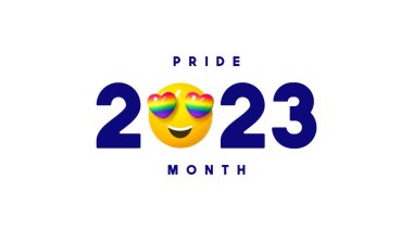 Vector symbol for Pride Month 2023. Vector logo of LGBTQ event 2023 with 3d smile with rainbow hearts instead of eyes isolated on white background. Human rights and tolerance concept.