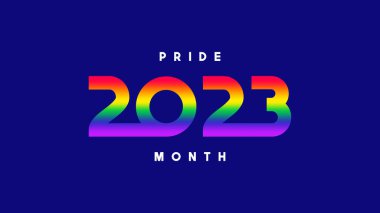 Pride Month 2023 symbol template. Vector symbol of LGBTQ event 2023 with rainbow gradient numbers isolated on dark blue background. Human rights and tolerance concept.