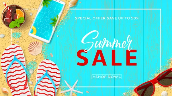 Summer Sale Promo Web Banner Top View Red Sun Glasses — Stock Vector