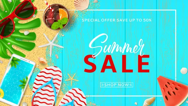 Promo Web Banner Summer Sale Top View Red Sun Glasses — Stock Vector