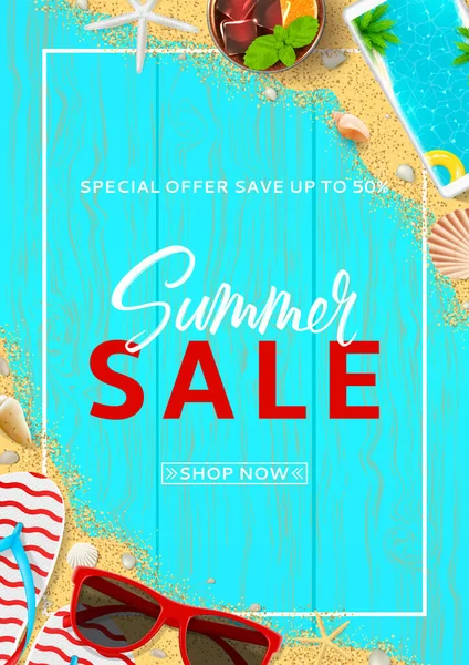 Promo Flyer Summer Sale Top View Red Sun Glasses Seashells — Stock Vector