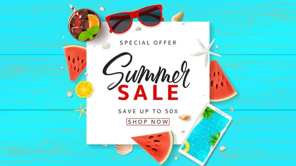 Summer Sale Promo 배너입니다 선글라스 칵테일 스마트폰 오렌지 껍질등 질감의 — 스톡 벡터